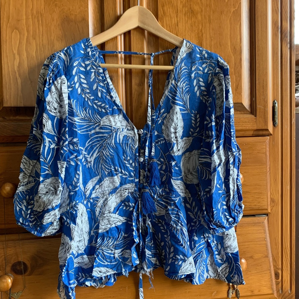 B.O.G Collection blue, flowery shirt, size XS (runs large), like new, $50